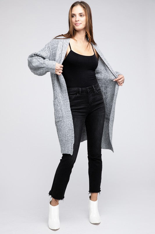 Women Twist Knitted Open Front Cardigan with Pockets | Zarnesh