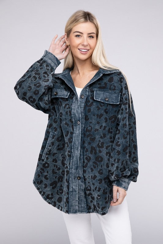 Women Vintage Washed Leopard Corduroy Buttoned Jacket | Zarnesh