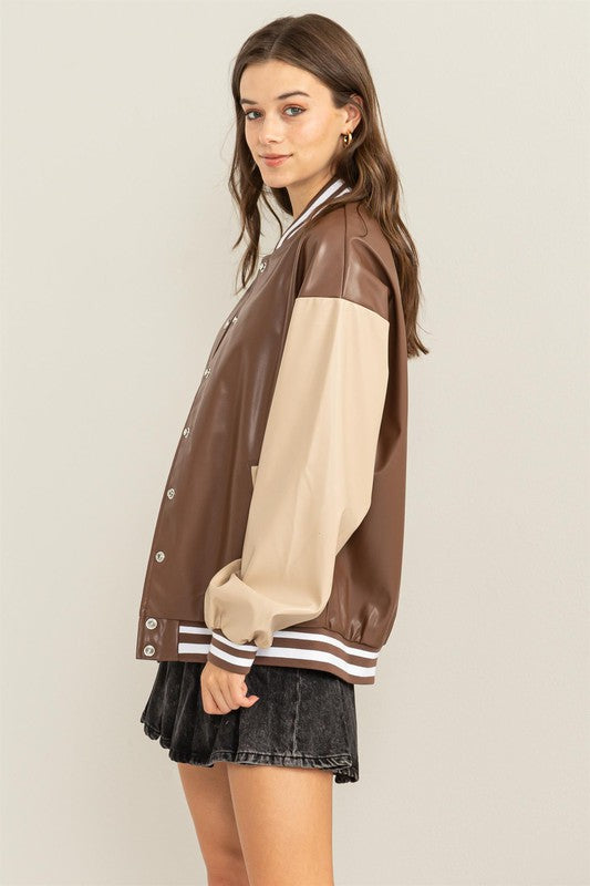 Women Game On PU Colorblock Baseball Jacket | Zarnesh