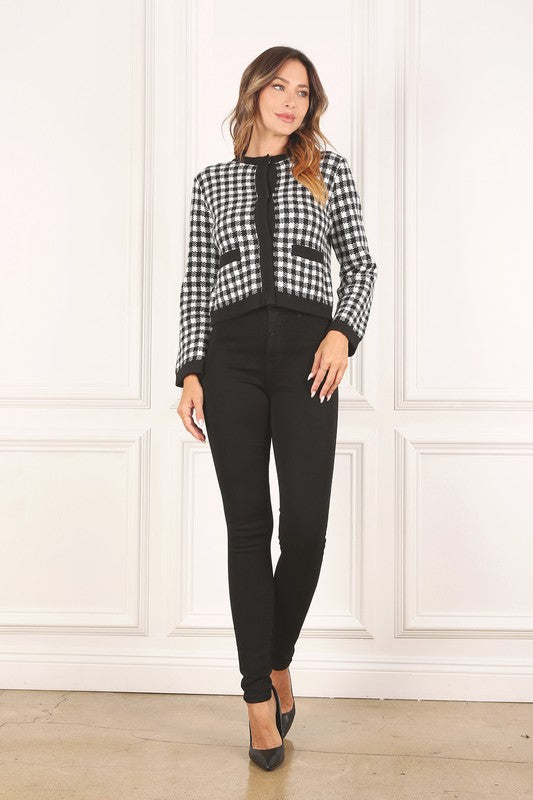 Women Black Check Knitted Jacket | Zarnesh