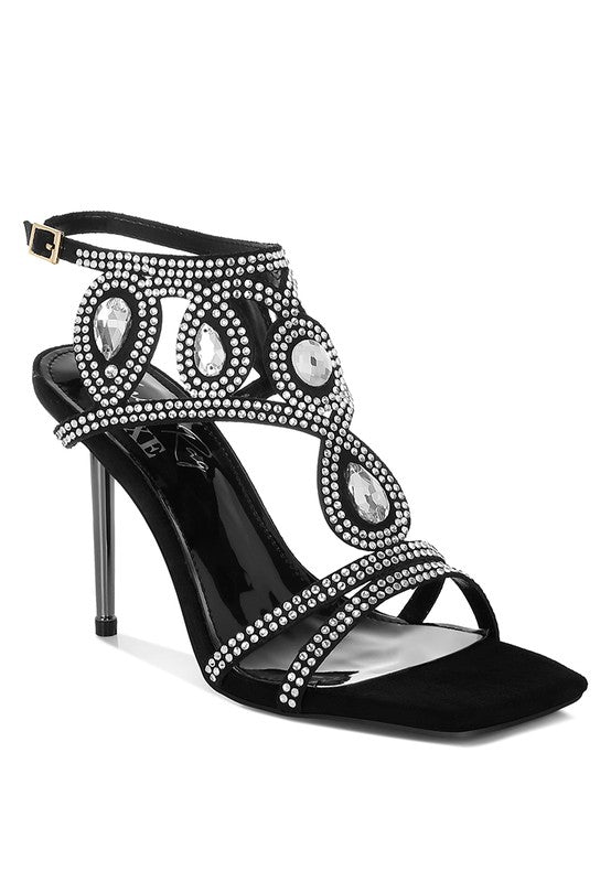 Women Fialka Diamante Rhinestones Square Toe Stiletto Sandals Zarnesh