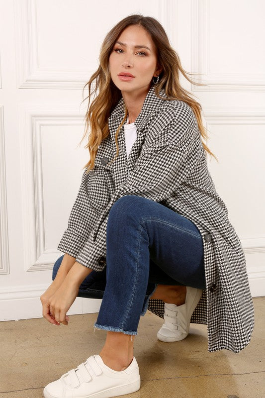 Women Houndstooth Long Shacket | Zarnesh