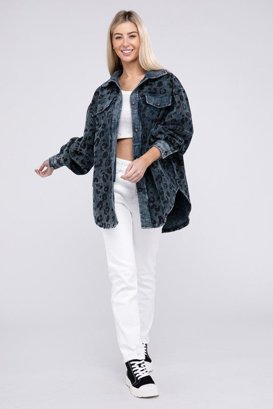 Women Vintage Washed Leopard Corduroy Buttoned Jacket | Zarnesh