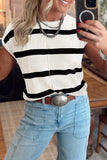 White Stripe Knit Western Short Sleeve Sweater
