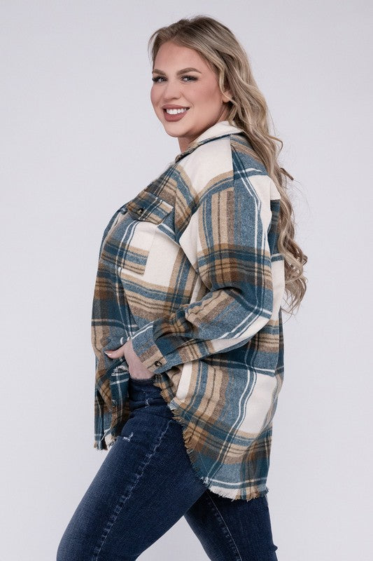 Women Plus Size Yarn Dyed Plaid Shirt Jacket | Zarnesh