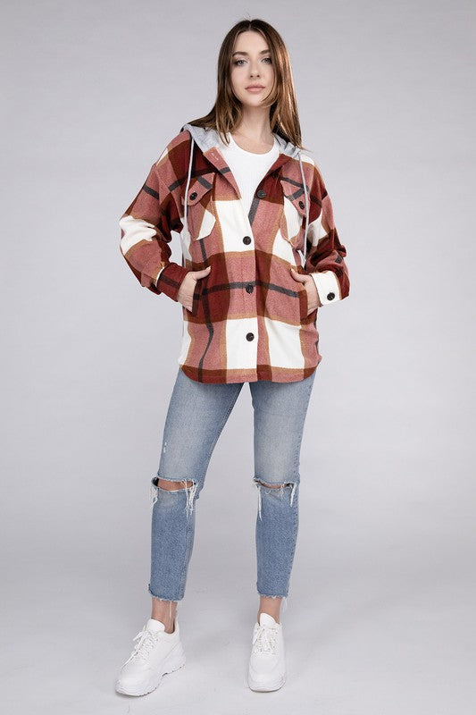 Women Plaid Drawstring Hooded Soft Fleece Shacket | Zarnesh