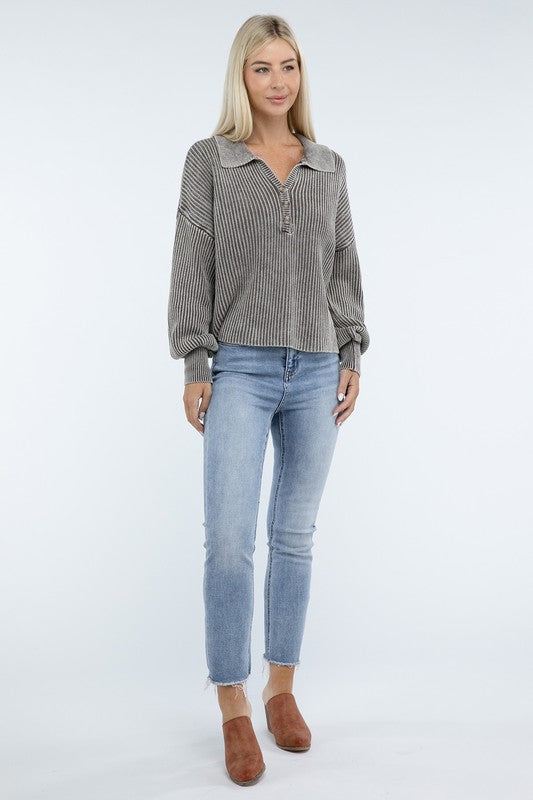 Women’s Washed Collared Henley Sweater | Zarnesh