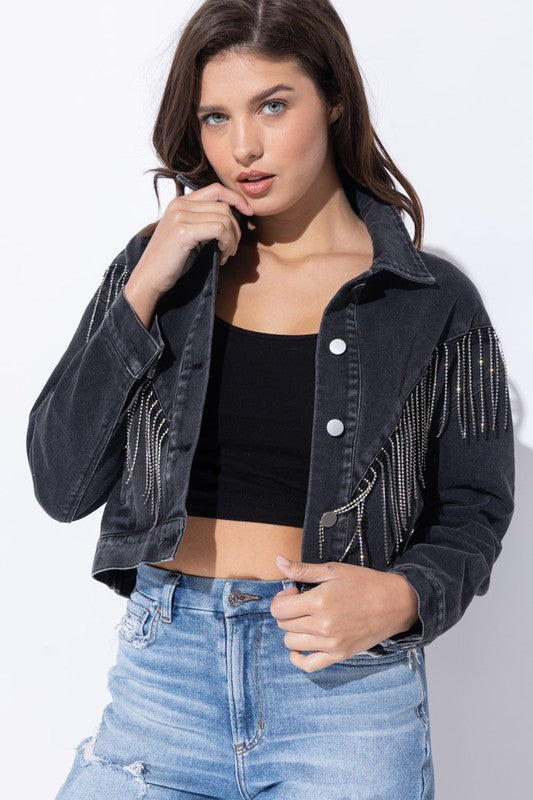 Women Crop Denim Jacket With Rhinestone Fringe | Zarnesh