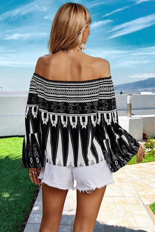 Women’s Geo Graphic Off Shoulder Butterfly Sleeve Blouse | Zarnesh
