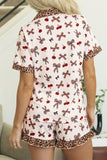 White Chic Bow Cherry Printed Leopard Contrast Patchwork Shirt Drawstring Shorts 2pcs PJ Set