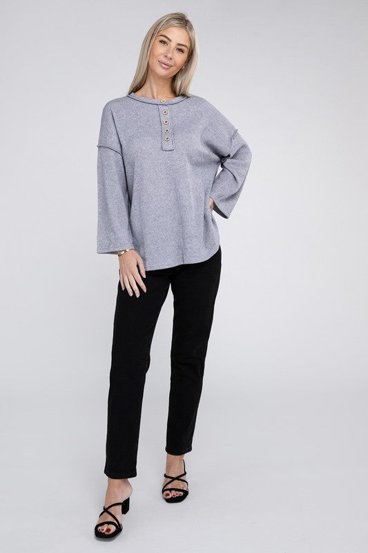 Women Ribbed Brushed Melange Hacci Henley Sweater | Zarnesh