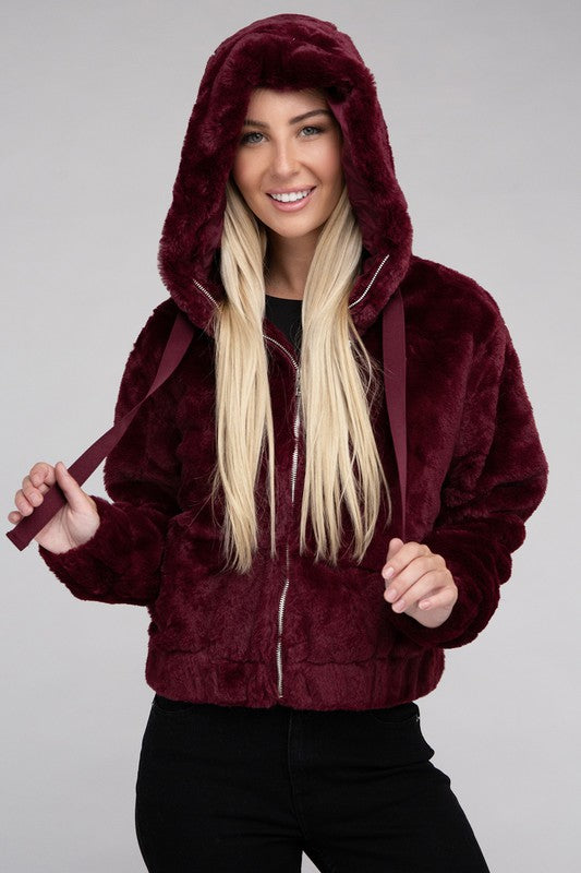 Women Fluffy Texture Zip-Up Teddy Hoodie Sweater | Zarnesh