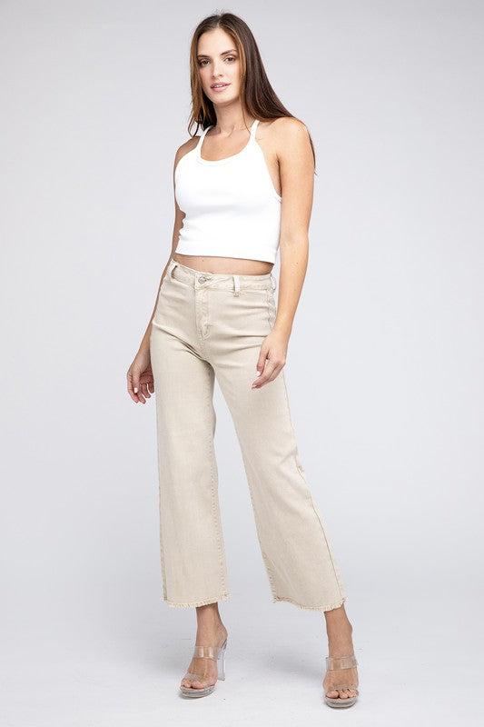 WOMEN'S Acid Wash Frayed Cutoff Hem Straight Wide Pants | ZARNESH