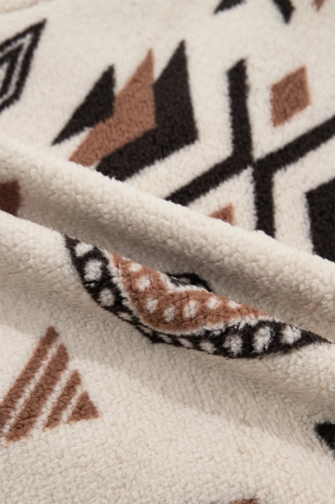 Close-up of a sherpa fleece blanket with a geometric Southwestern pattern in black, brown, and white.