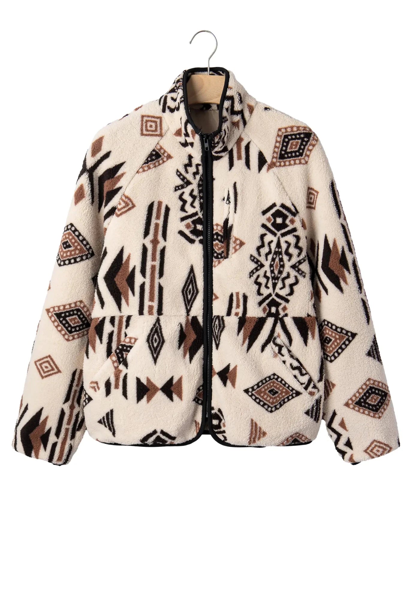 Southwestern geometric fleece jacket in black, brown, and beige on a black hanger against white.