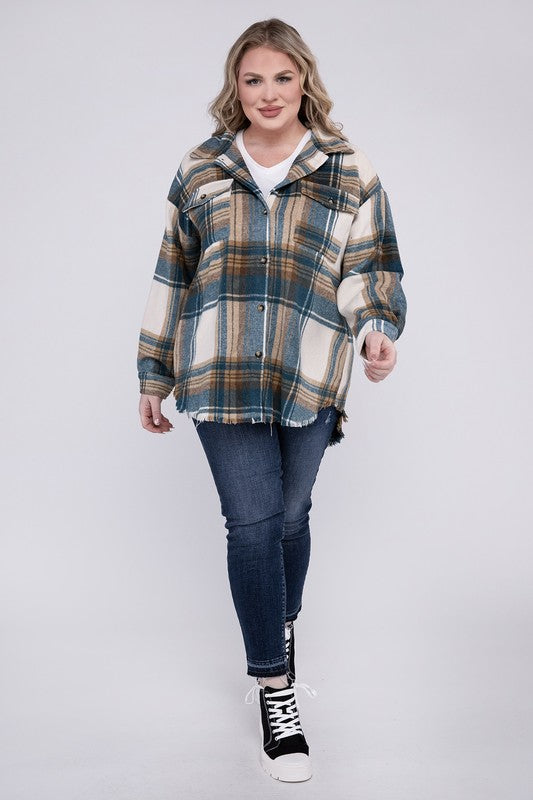 Women Plus Size Yarn Dyed Plaid Shirt Jacket | Zarnesh