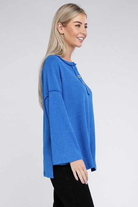 Women Ribbed Brushed Melange Hacci Henley Sweater | Zarnesh