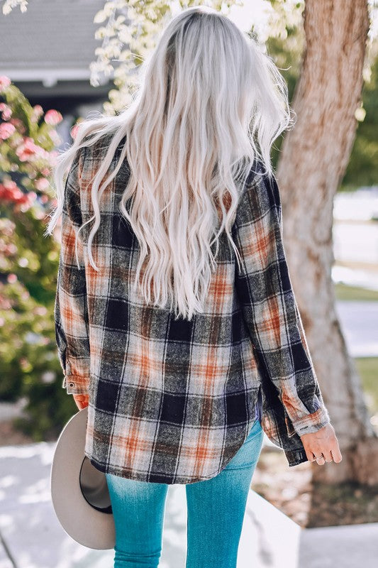 Women Oversized Rounded Hem Plaid Shacket with Slits Zarnesh