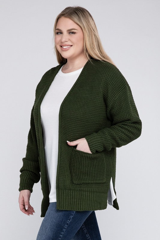 Women Plus Low Gauge Waffle Open Cardigan Sweater | Zarnesh