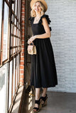 Women Linen Square Neck Ruffle Strap Sleeves Midi Dress Tie Back Zarnesh