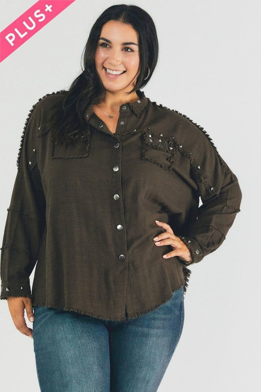 Women’s Plus Distressed Hem Button Down Oversize Shirt | Zarnesh