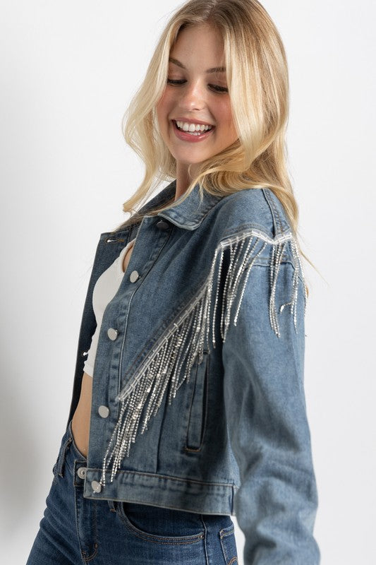 Women Crop Denim Jacket With Rhinestone Fringe | Zarnesh