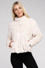 Women Fluffy Zip-Up Functional Pockets Sweater Jacket | Zarnesh