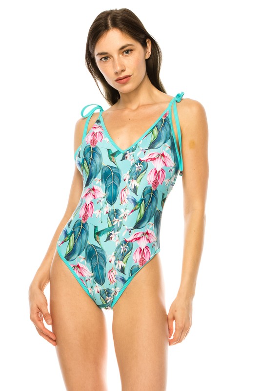 Women One Piece Bathing Suit Floral Print Shoulder Top Tie | Zarnesh