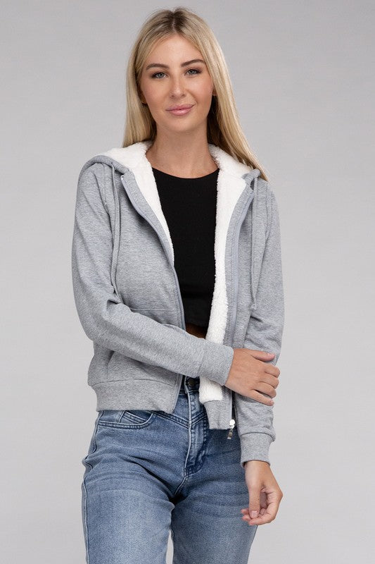 Women Fuzzy Trim Zip-Up Crop Sweater-Style Hoodie | Zarnesh