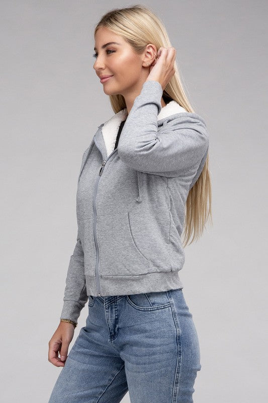 Women Fuzzy Trim Zip-Up Crop Sweater-Style Hoodie | Zarnesh