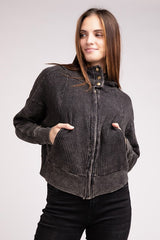 Women Acid Wash Cotton Waffle Hooded Zip Up Jacket | Zarnesh