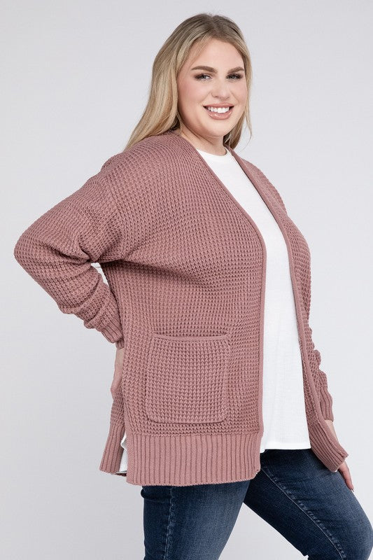 Women Plus Low Gauge Waffle Open Cardigan Sweater | Zarnesh