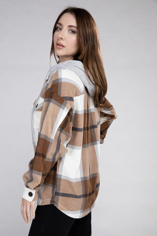 Women Plaid Drawstring Hooded Soft Fleece Shacket | Zarnesh