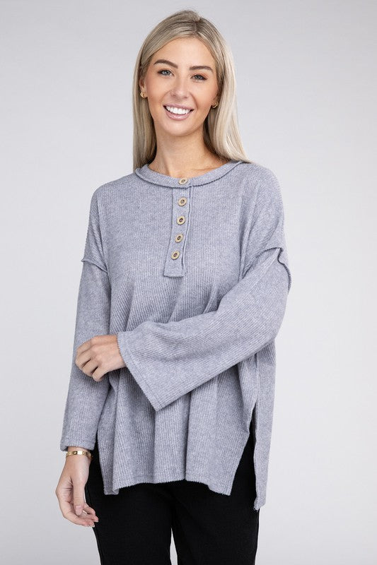 Women Ribbed Brushed Melange Hacci Henley Sweater | Zarnesh