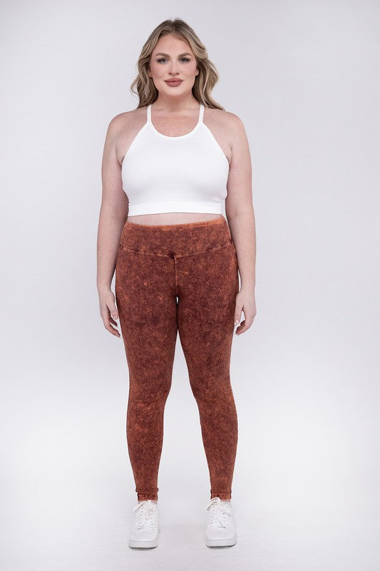 Women Plus Mineral Washed Wide Waistband Fitted Yoga Leggings Zarnesh