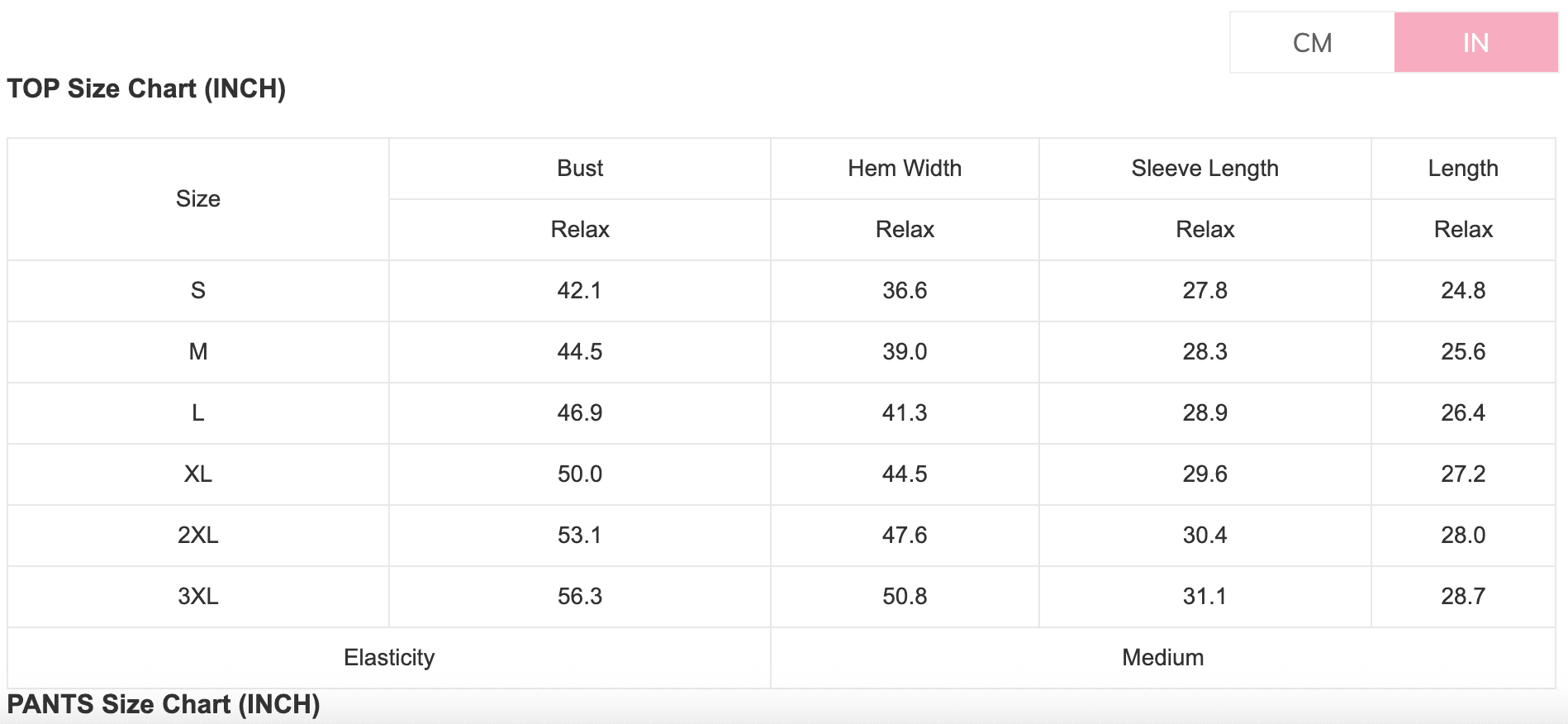 Size chart for tops in inches with measurements for bust, hem width, sleeve length, and length