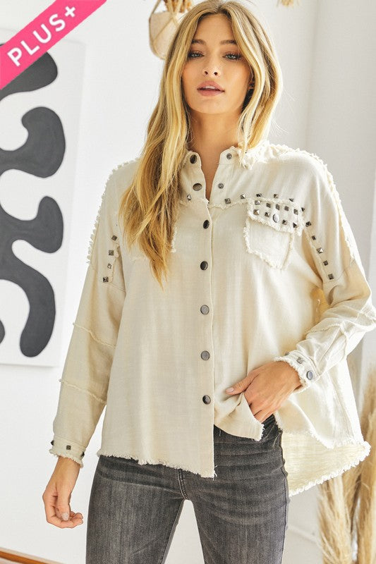 Women’s Plus Distressed Hem Button Down Oversize Shirt | Zarnesh