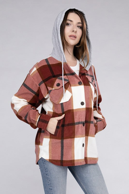 Women Plaid Drawstring Hooded Soft Fleece Shacket | Zarnesh