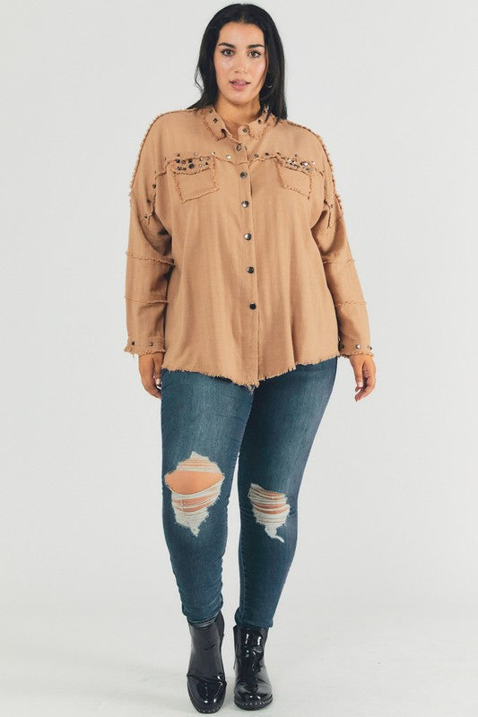 Women’s Plus Distressed Hem Button Down Oversize Shirt | Zarnesh