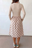 Back view of beige ribbed knit and brown polka dot midi dress