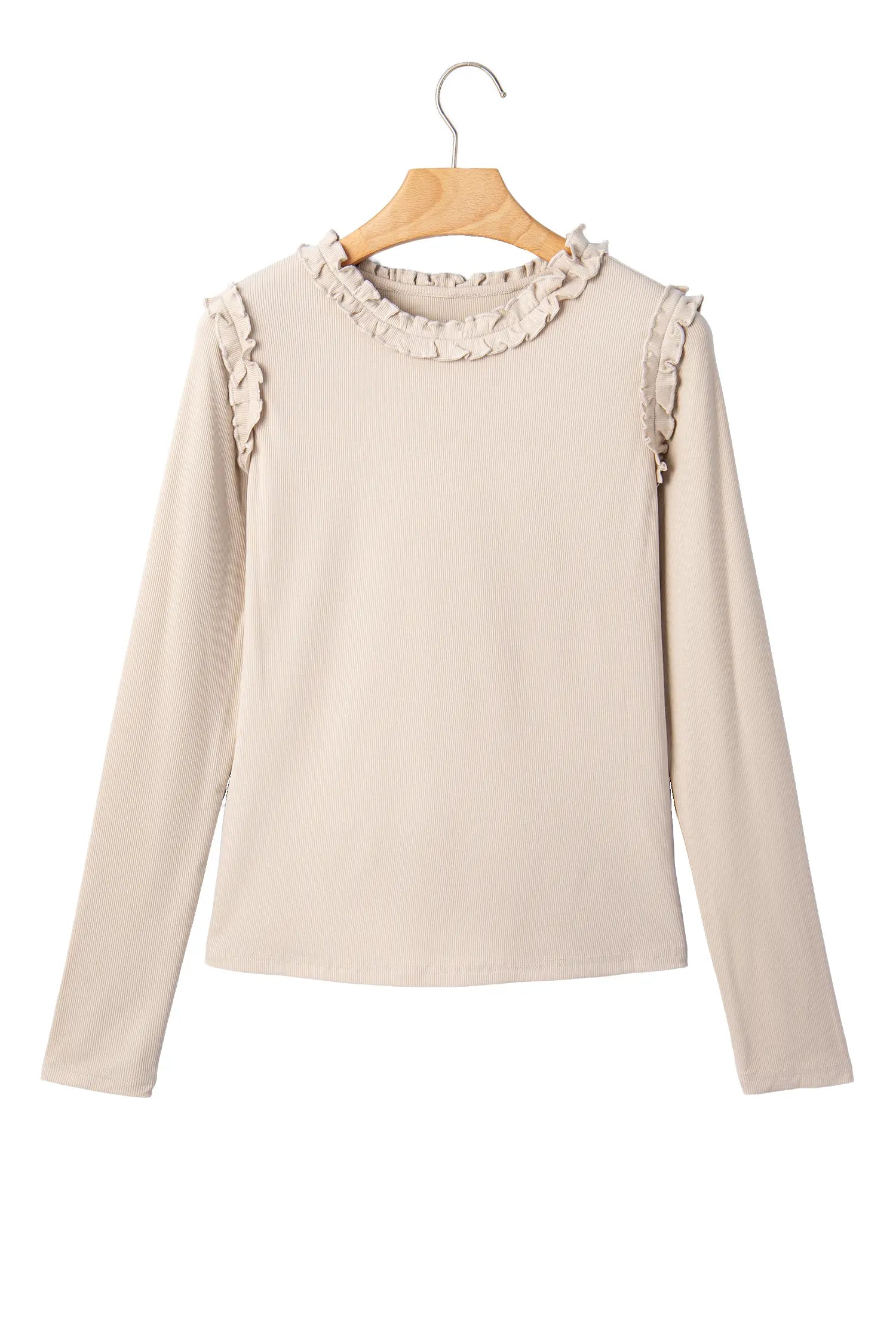 Beige ribbed frill trim long sleeve top on a hanger, front view