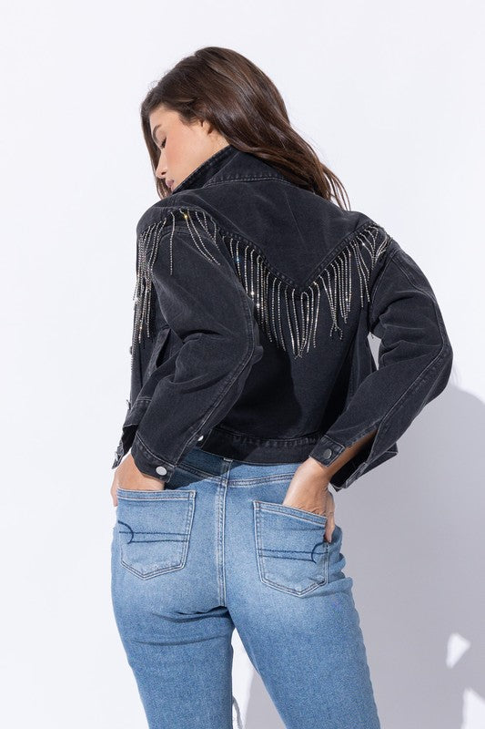 Women Crop Denim Jacket With Rhinestone Fringe | Zarnesh