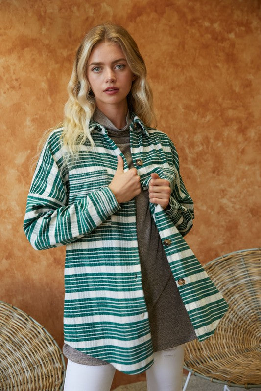 Women Stripe Collar Chest Pockets Button Down Long Sleeve Shacket Zarnesh