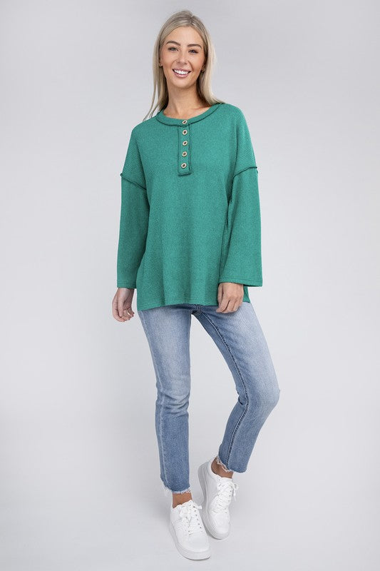 Women Ribbed Brushed Melange Hacci Henley Sweater | Zarnesh