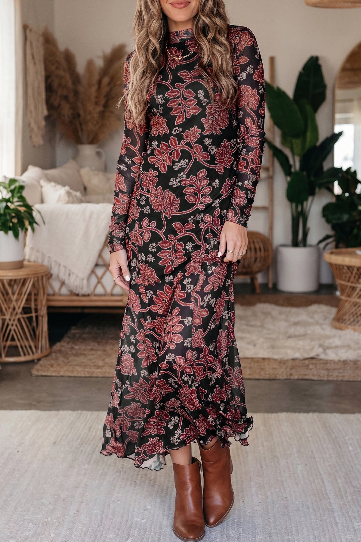 Black retro floral mesh long sleeve maxi dress with brown ankle boots, front view