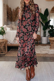 Black retro floral mesh long sleeve maxi dress with brown ankle boots, front view