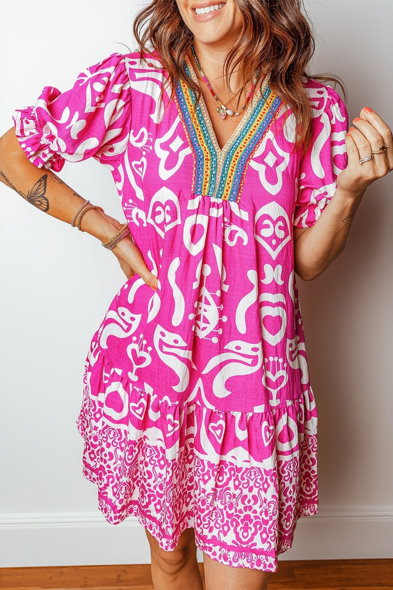 Boho Mixed Print V-Neck Contrast Trim Mini Dress | Zarnesh