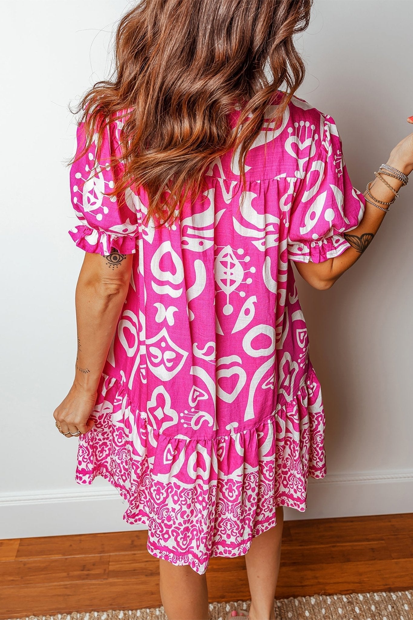 Boho Mixed Print V-Neck Contrast Trim Mini Dress | Zarnesh