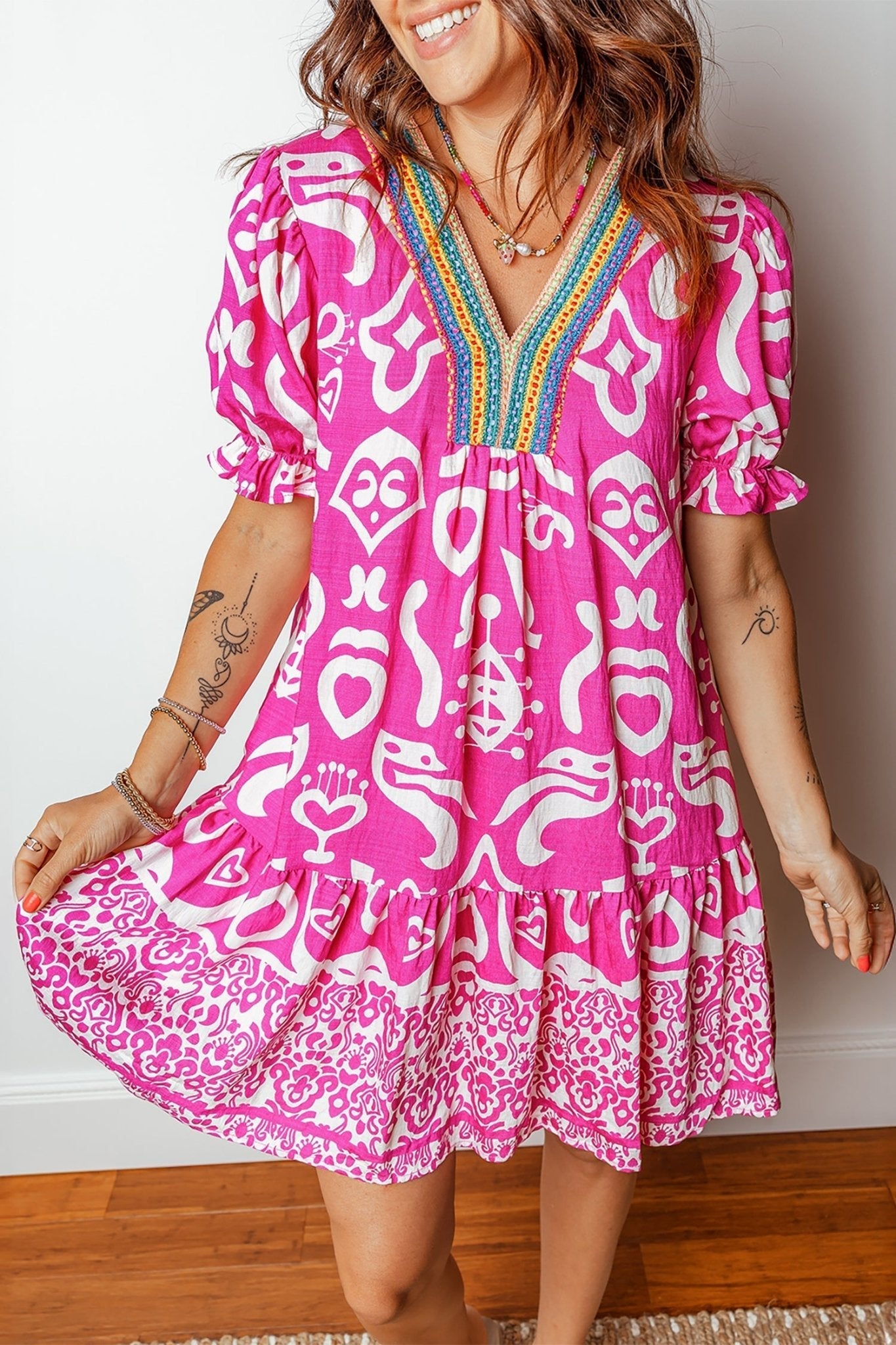 Boho Mixed Print V-Neck Contrast Trim Mini Dress | Zarnesh