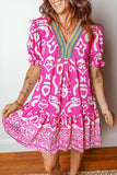 Boho Mixed Print V-Neck Contrast Trim Mini Dress | Zarnesh